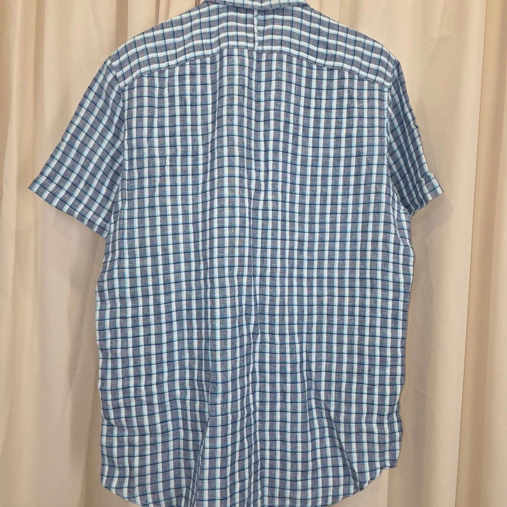 Banana Republic Linen‎ Shirt Camden Fit Plaid Short Sleeve Button Up Large